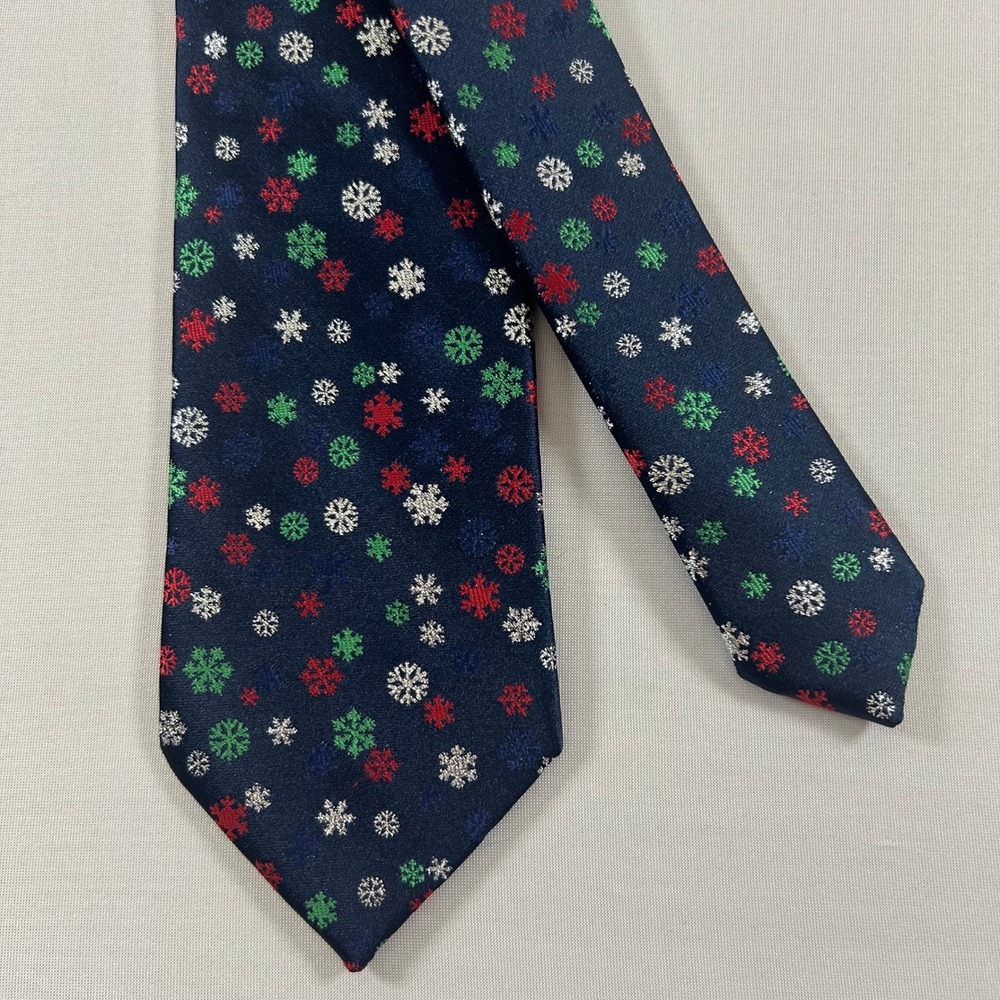 Holiday Traditions‎ Necktie Mens OS Navy Blue Snowflake Christmas Metallic Woven